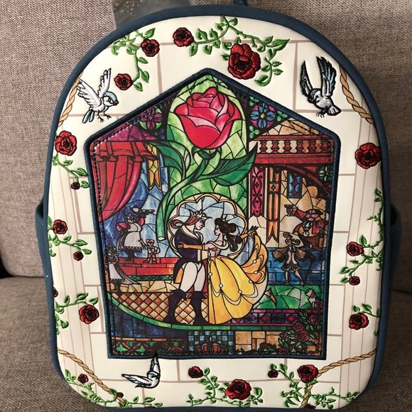 NWT Disney Loungefly Beauty & The Beast Stained Glass Rose Mini Backpack Rare - Picture 4 of 6